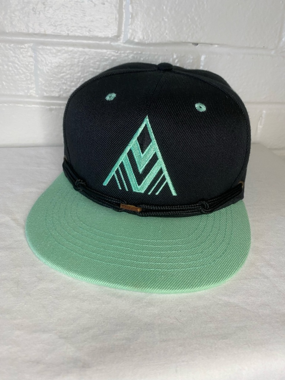 Findlay SnapBack Trucker Hat in black and Mint Blue